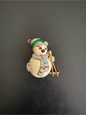 Swarovski Festive Snowman Brooch Pin with Green Hat and Red Accents
